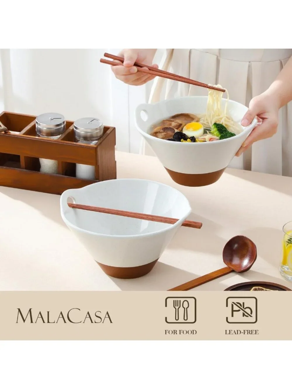 Ceramic Ramen Bowl Set with Wooden Spoon & Chopsticks – Microwave & Oven Safe